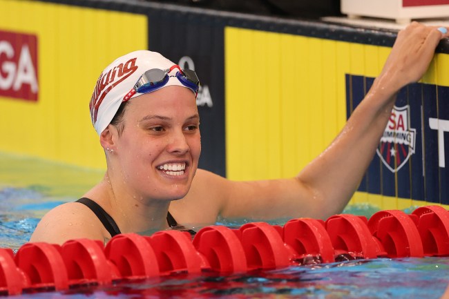 Anna Peplowski looks on after competing in the Women's 100 Meter Backstroke Final  on Day 3 of the TYR Pro Swim Series Westmont at FMC Natatorium on April 14, 2023 in Westmont, Illinois.