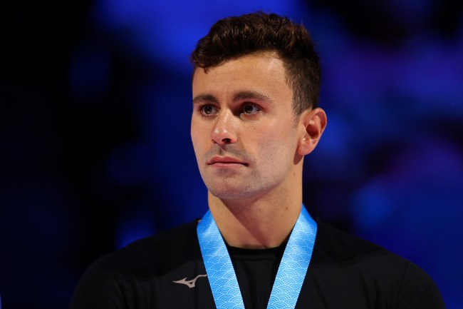 Blake Pieroni of the United States reacts during the Men’s 100m freestyle medal ceremony during Day Five of the 2021 U.S. Olympic Team Swimming Trials at CHI Health Center on June 17, 2021 in Omaha, Nebraska.