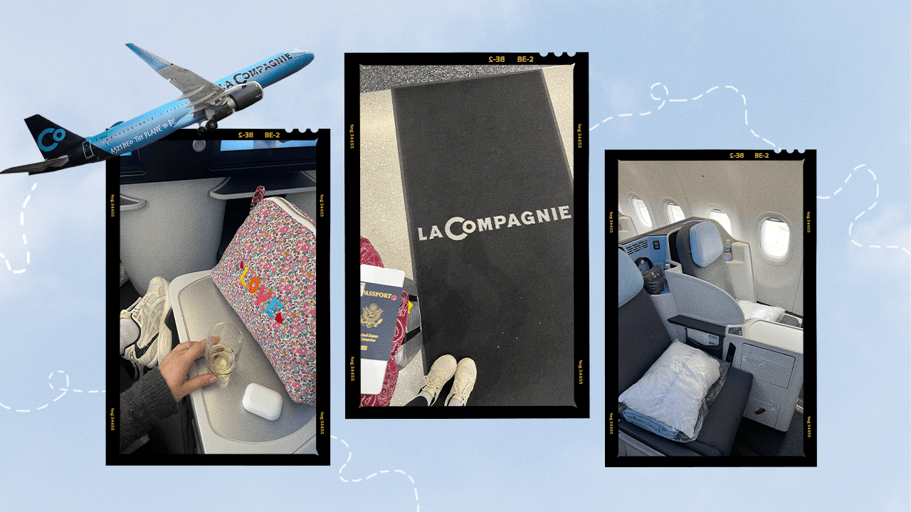 Three in-flight photos with an airplane collaged in the background