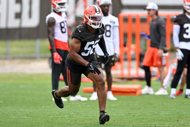Jordan Hicks #58 of the Cleveland Browns runs a drill during an OTA offseason workout at their CrossCountry Mortgage Campus on June 5, 2024 in Berea, Ohio.