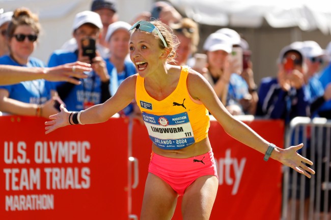 Dakotah Lindwurm celebrates after placing third during the 2024 U.S. Olympic Team Trials - Marathon on February 03, 2024 in Orlando, Florida.