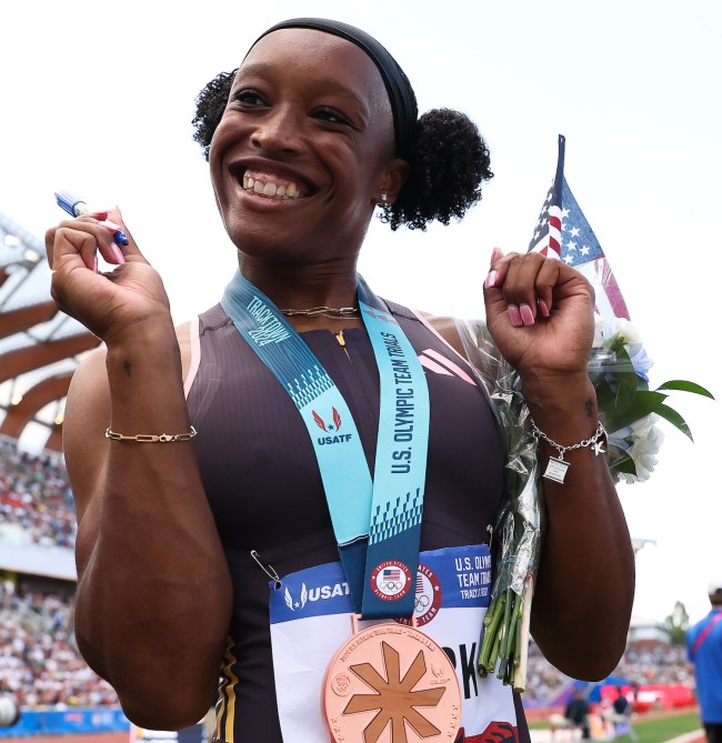 Bronze medalist Grace Stark poses with her medal after competing in the women's 100 meter hurdles final on Day Ten of the 2024 U.S. Olympic Team Track & Field Trials at Hayward Field on June 30, 2024 in Eugene, Oregon.