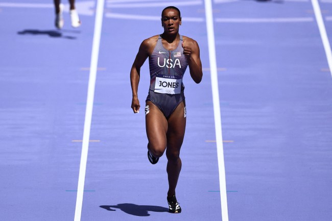 US' Jasmine Mari Jones competes in the women's 400m hurdles heat of the athletics event at the Paris 2024 Olympic Games at Stade de France in Saint-Denis, north of Paris, on August 4, 2024.