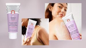 A tube of First Aid Beauty KP body scrub, a woman holding the body scrub tube, a woman holding the body scrub tube with the scrub on her arms.