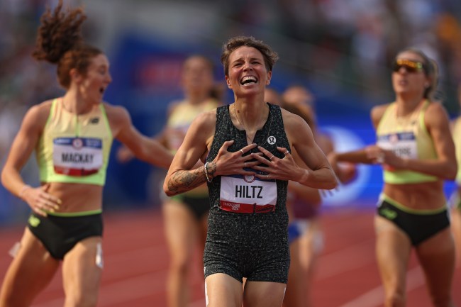 Nikki Hiltz celebrates after crossing the finish line to win the women's 1500 meter final on Day Ten of the 2024 U.S. Olympic Team Track & Field Trials at Hayward Field on June 30, 2024 in Eugene, Oregon.