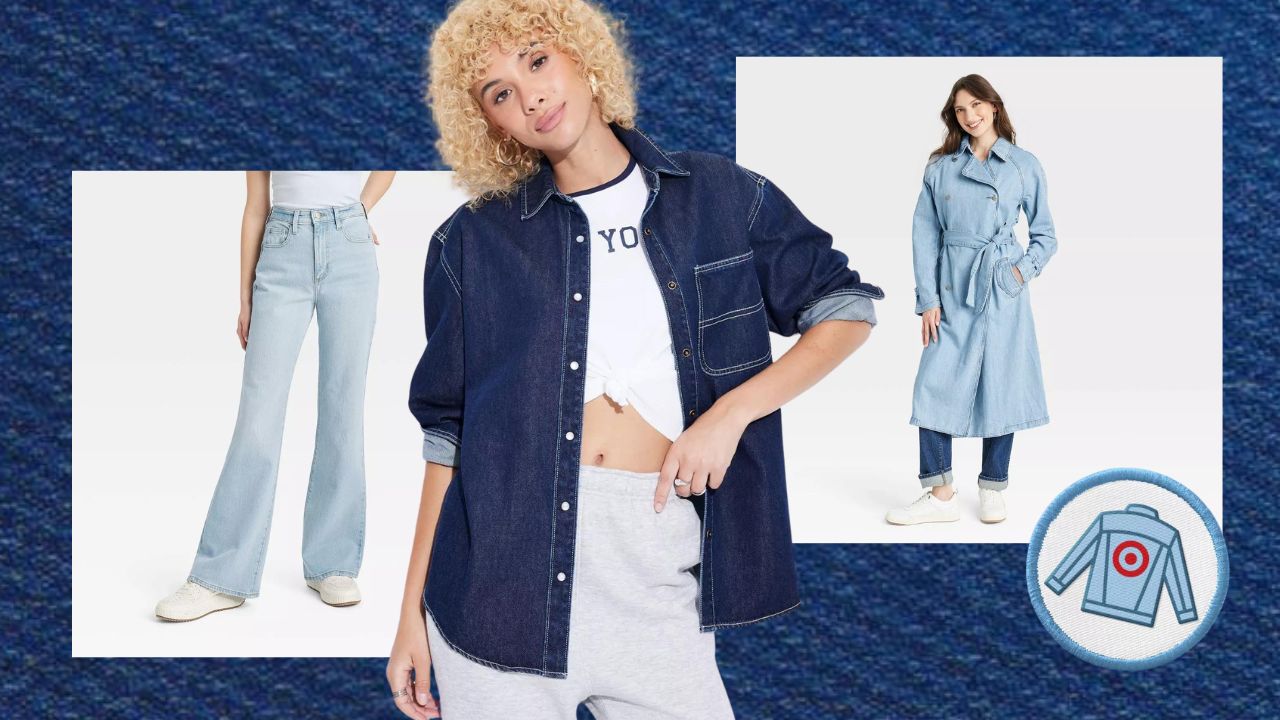 A person wearing a pair of light blue flare jeans, a person wearing a dark blue denim shirt, a person wearing a denim trench coat, a blue and white Target denim jacket patch.