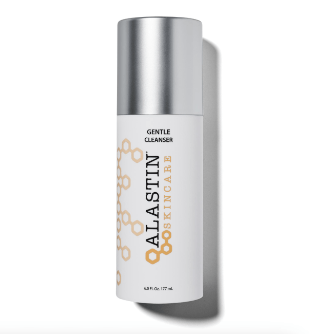 Alastin Gentle Cleanser in a white bottle.