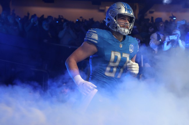 Sam LaPorta #87 of the Detroit Lions is introduced prior to playing the Los Angeles Rams in a NFC Wild Card Playoff game at Ford Field on January 14, 2024 in Detroit, Michigan.