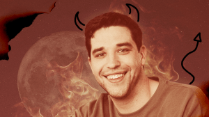 Devin Strader from 'The Bachelorette' season 21 wearing devil horns with flames rising around him