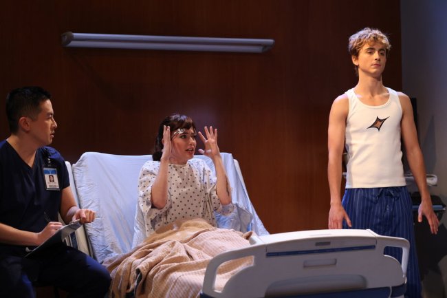SATURDAY NIGHT LIVE -- “Timothée Chalamet, boygenius” Episode 1848 -- Pictured: (l-r) Bowen Yang, Sarah Sherman, and host Timothée Chalamet as Troye Sivan during the “Sleep Study” sketch on Saturday, November 11, 2023.