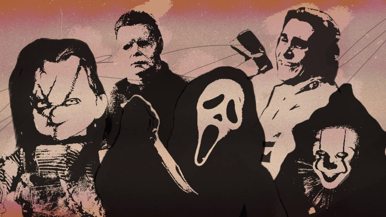 A collage of classic horror movie villains (like Chucky, Michael Meyers, Ghostface, Patrick Bateman, and Pennywise)