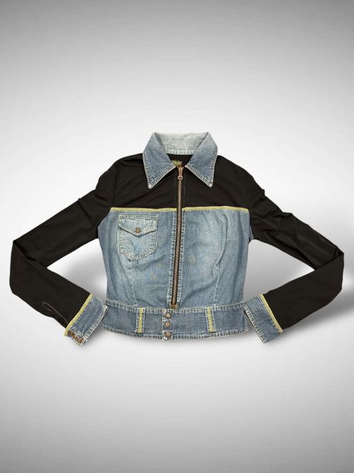 A vintage Diesel denim jacket with yellow stitching.