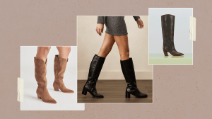 Left to Right: Dolce Vita tan suede knee-high western wide-calf boots, Stuart Weitzman black leather knee-high wide-calf heeled boots, Vince Camuto dark brown leather knee-high wide-calf heeled boots.