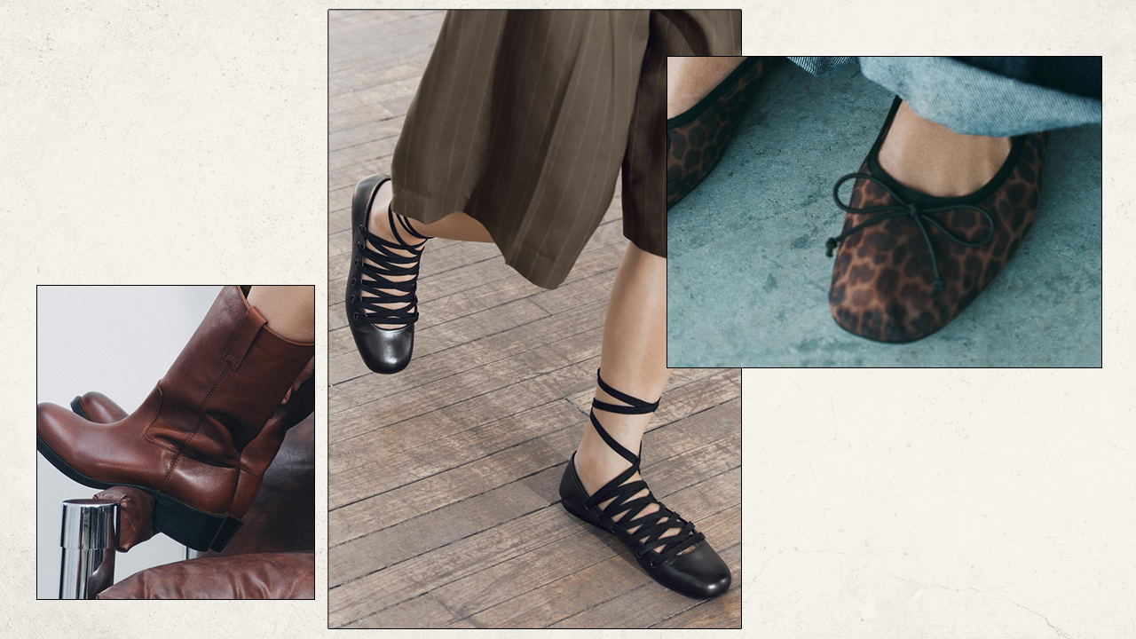 Left to Right: Zara brown leather mid-calf boots, Zara black lace up ballet flats, Zara mesh cheetah print ballet flats with bow.