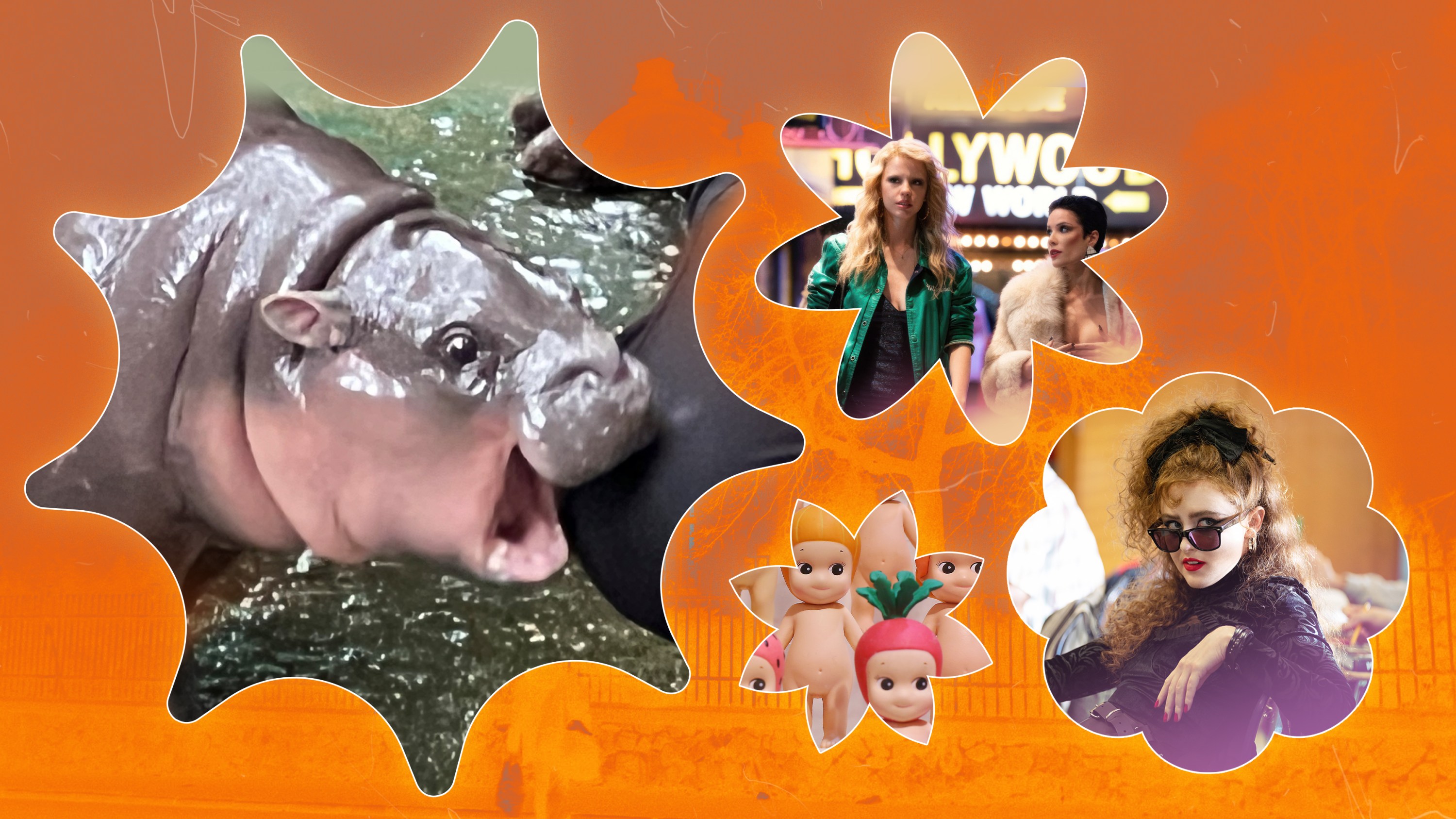 Moo Deng, Maxxxine, Sonny Angels, and Lisa Frankenstein in a collage.