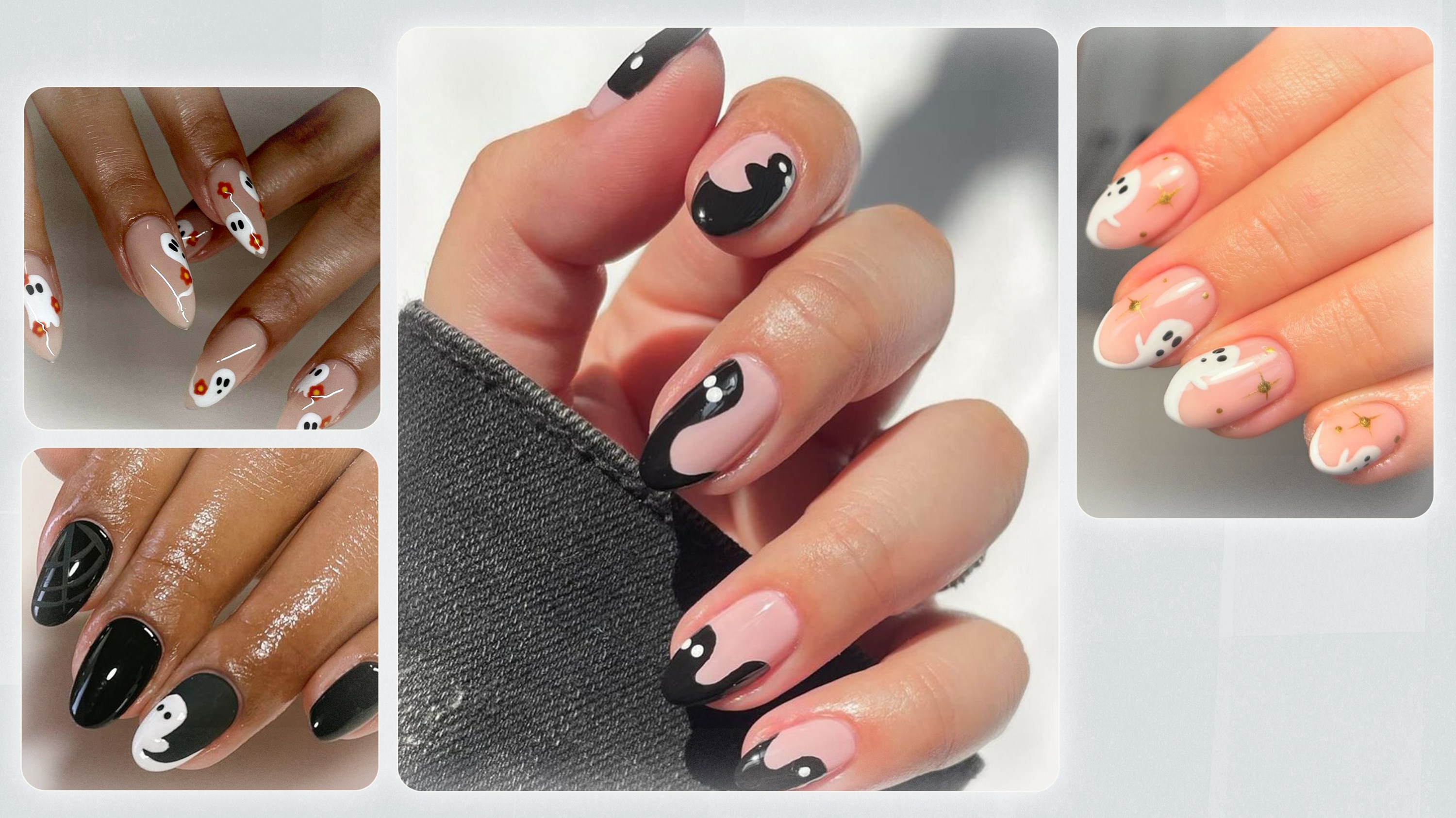 Four hands with different ghost-inspired nail art