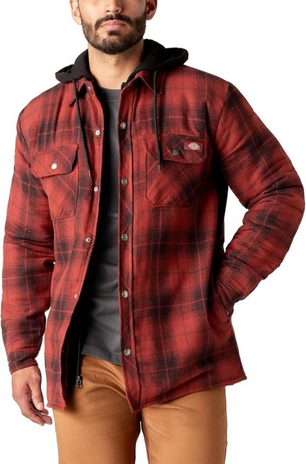 Dickies Men's Water Repellent Flannel Hooded Shirt Jacket