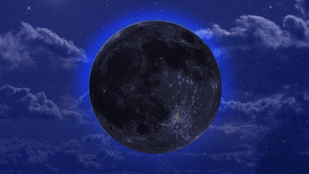 A black planet or moon in front of a dark blue night sky.