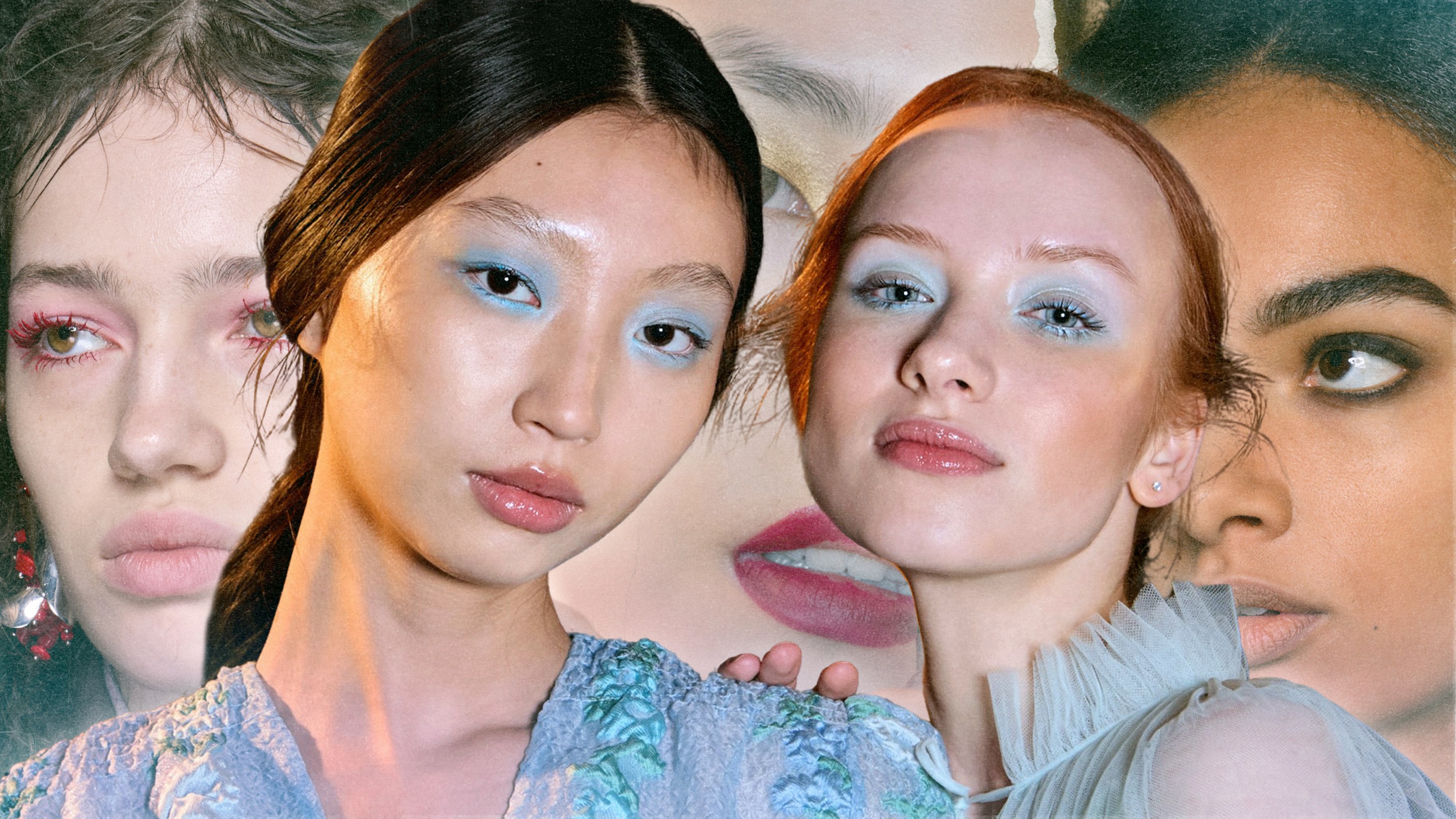 A collage of models wearing 2025 eye makeup trends.