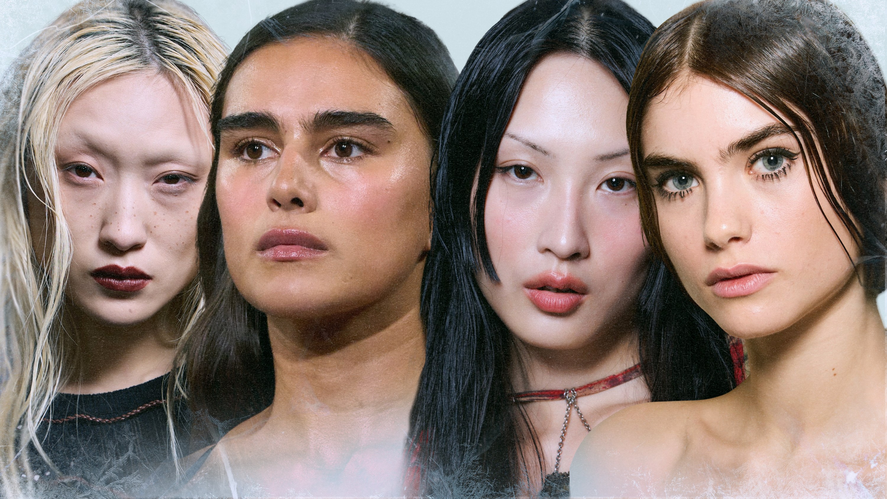 Fashion week models wearing the 2024 winter makeup trends.