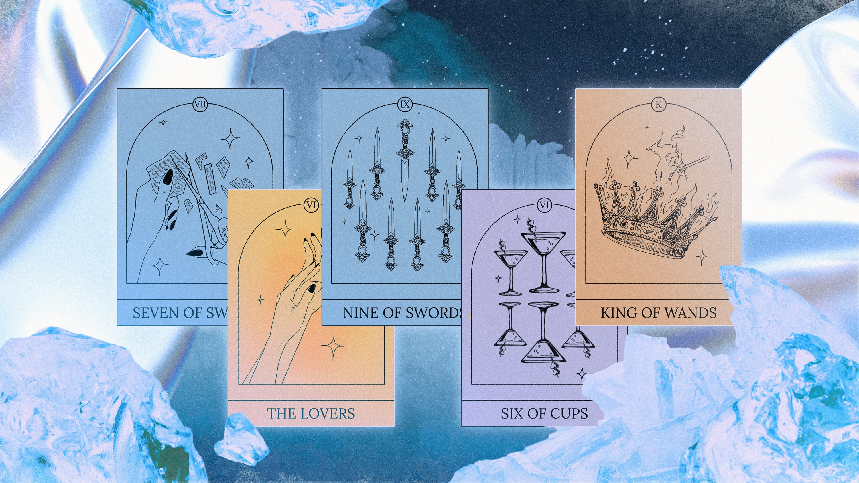 A series of Tarot cards on display in front of a cold winter planet backdrop