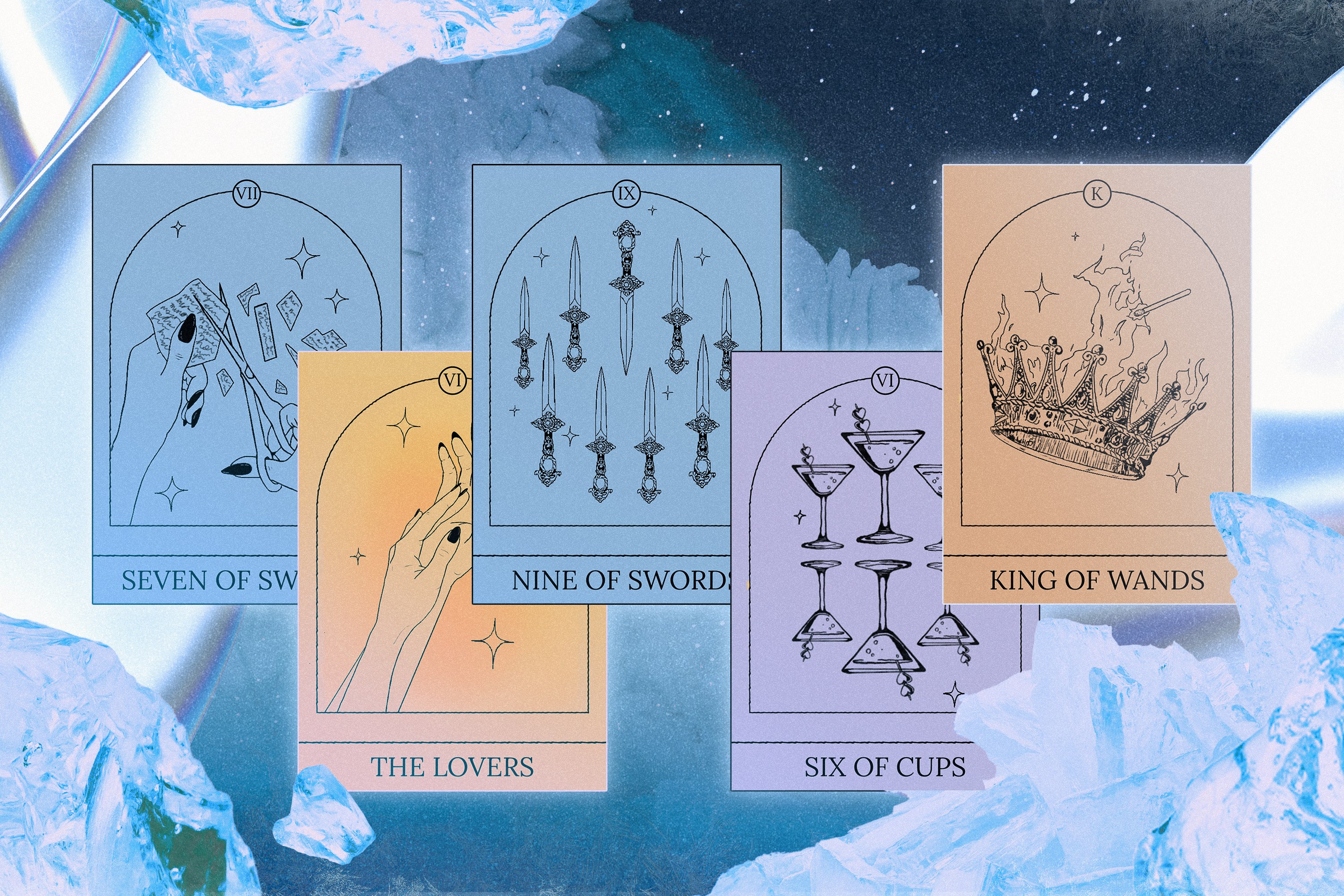 A series of Tarot cards on display in front of a cold winter planet backdrop