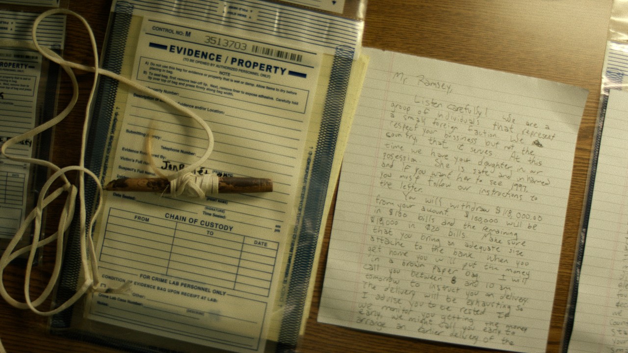 Netflix still of the ramson note on the JonBenét Ramsey case.
