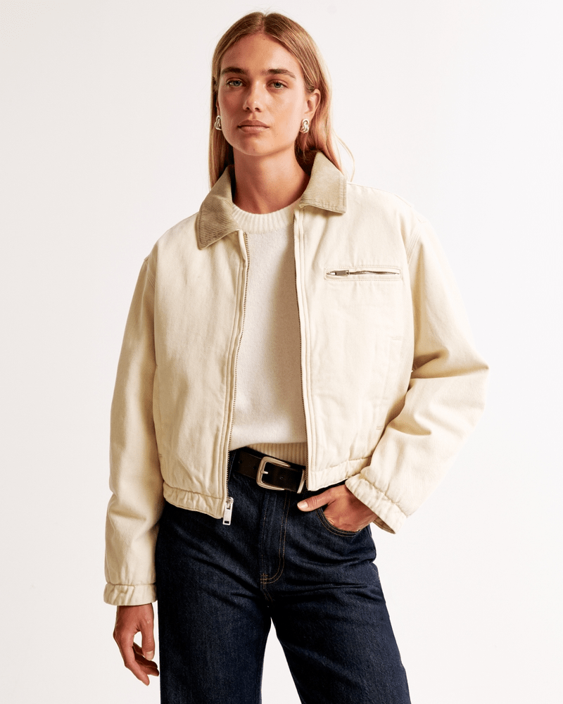 Cropped Twill Workwear Jacket in Ecru