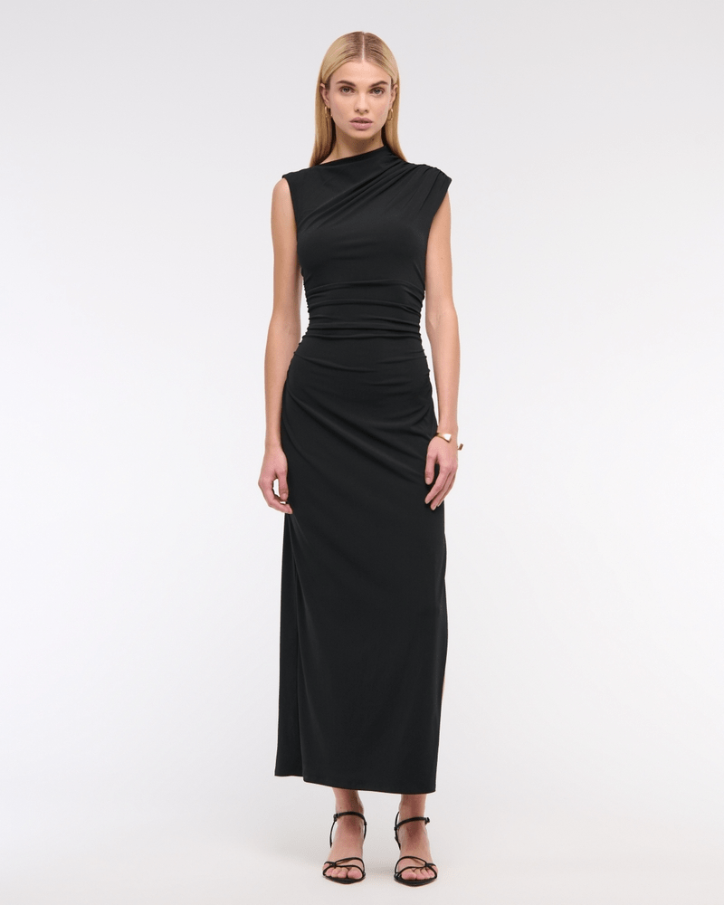 Abercrombie & Fitch Mockneck Knit Midi Dress in black