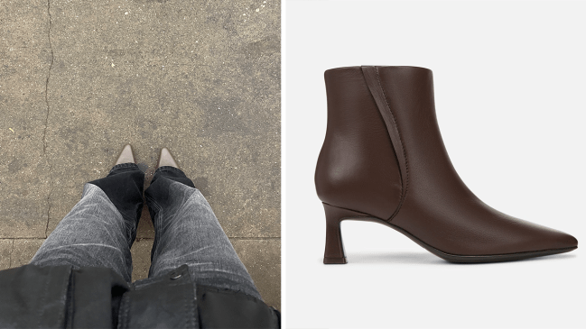 Left: Katie wearing the Naturalizer Deesha Bootie in brown; Right: Naturalizer Deesha Bootie in Brown.