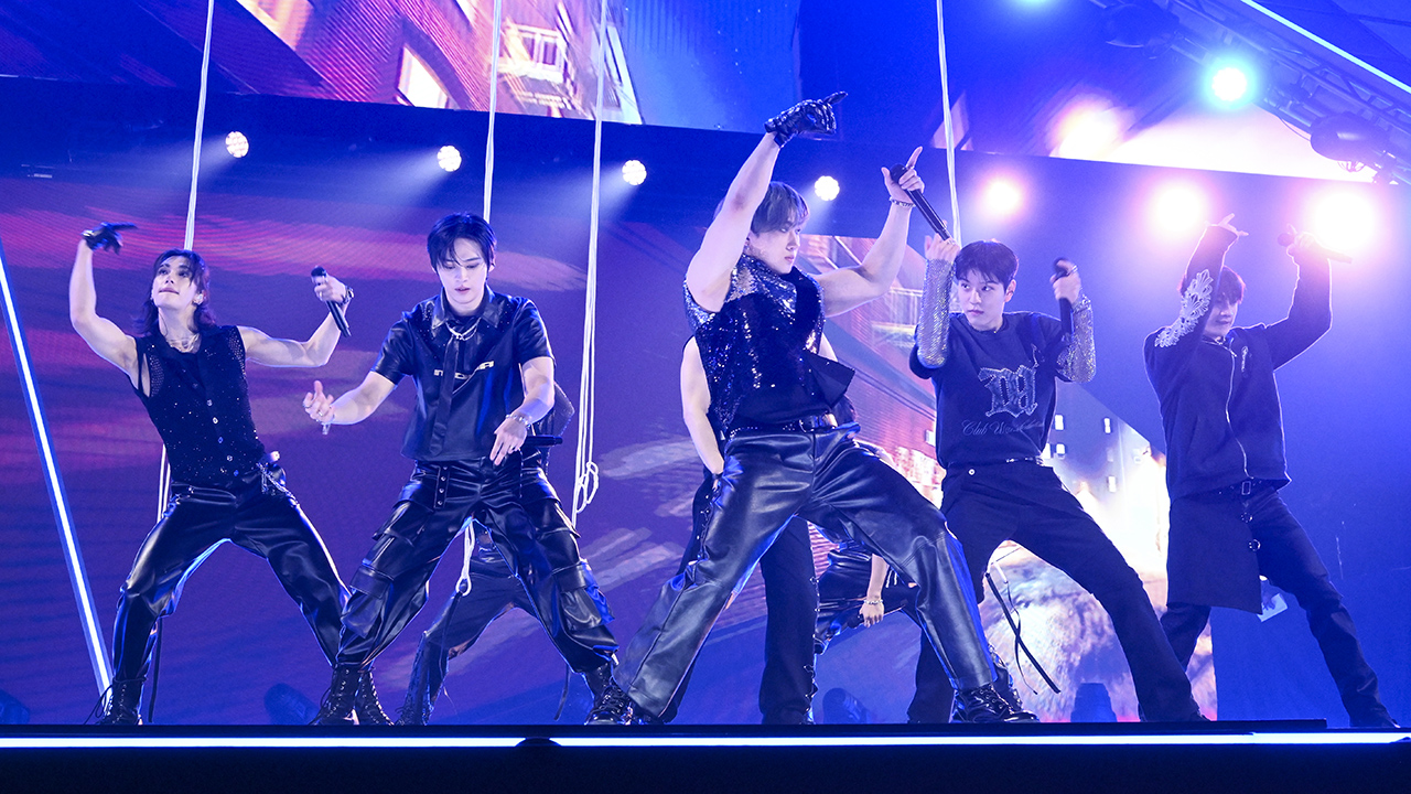 Hyunjin, Lee Know, Changbin, Seungmin and Bang Chan of Stray Kids performs in this image released on October 6, 2024, at the American Music Awards 50th Anniversary Special in Los Angeles, California.