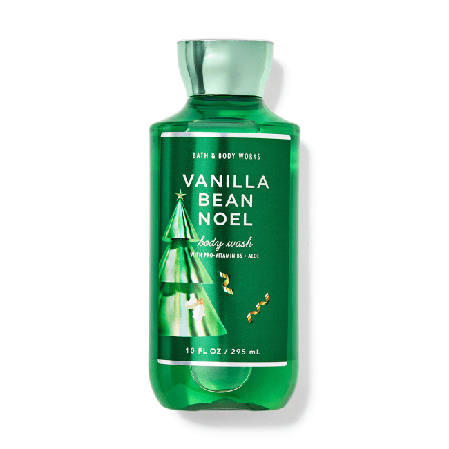 Bath & Body Works Vanilla Bean Noel Body Wash in a green bottle.