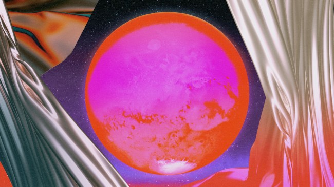 Planet Mars in hot pink hues surrounded by curtains swaying in the cosmic wind