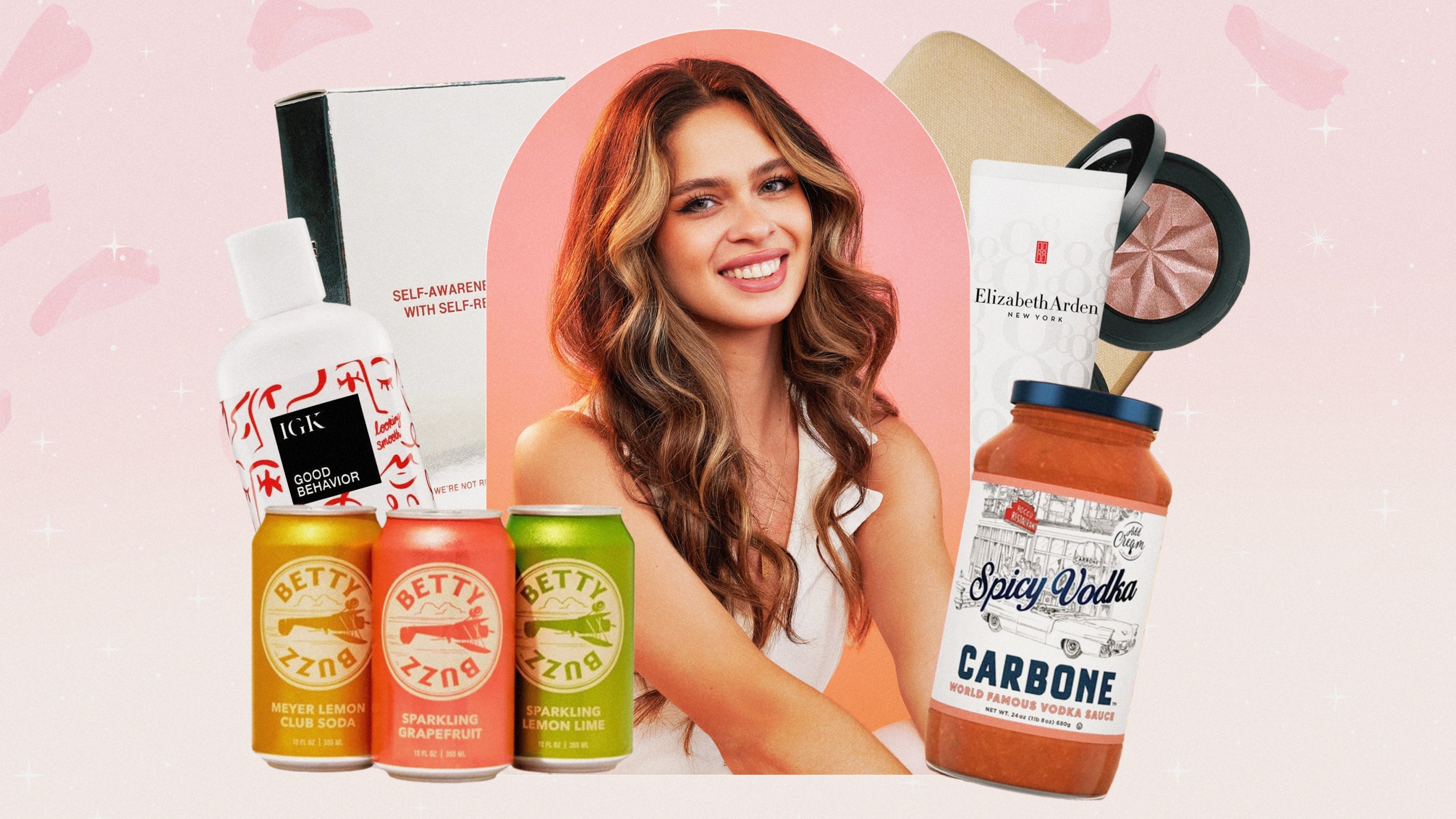 Kelsey Anderson next to skincare, makeup, food, and drink products.