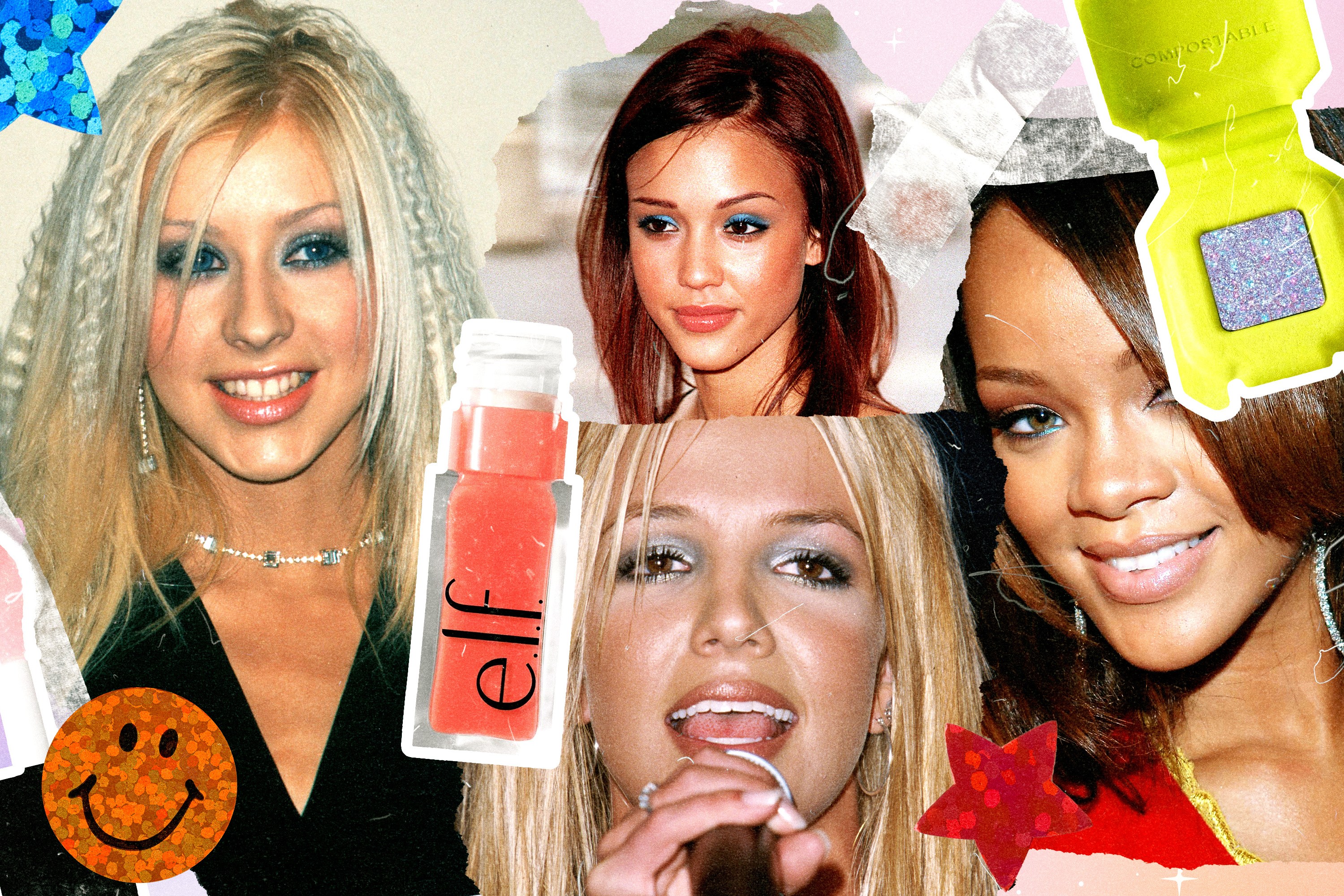 Christina Aguilera, Jessica Alba, Britney Spears, and Rihanna wearing Y2K makeup.