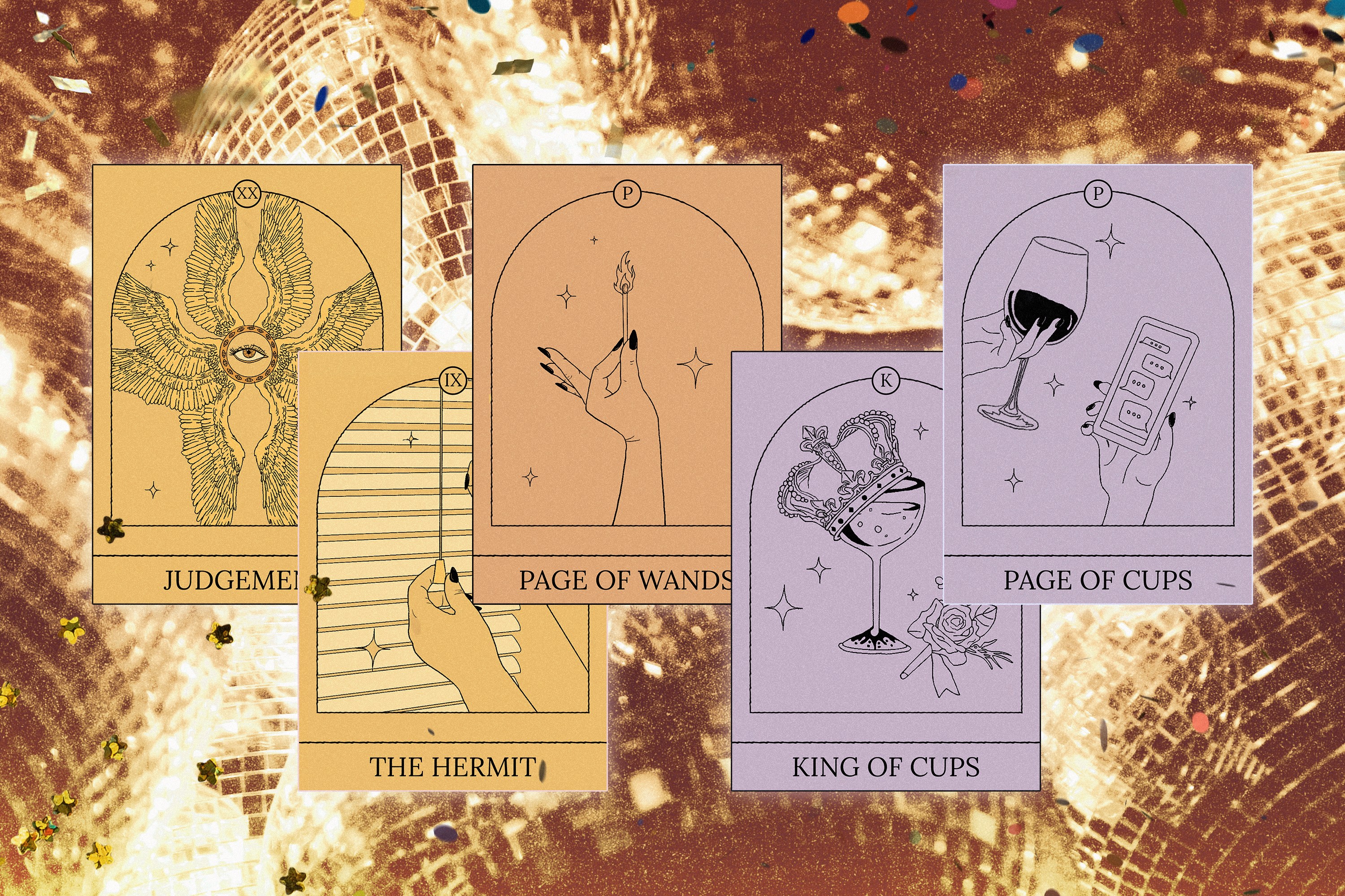 Five Tarot cards (Judgement, The Hermit, Page of Wands, King of Cups, Page of Cups) all arranged over a golden disco ball background