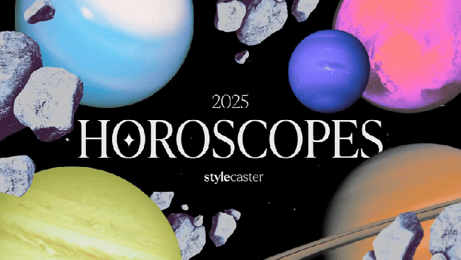 The words "2025 Horoscopes StyleCaster" rising over a cosmic field of planets and comets