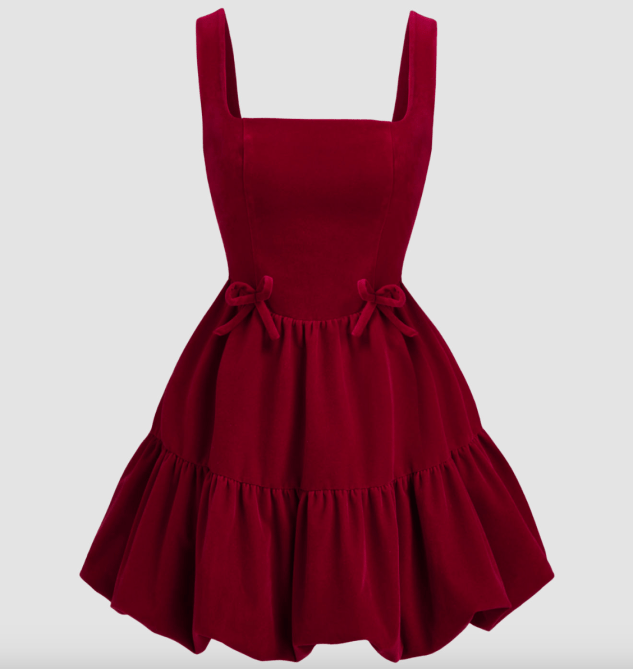 Cider Velvet Lace Up Bowknot Bubble Hem Mini Dress