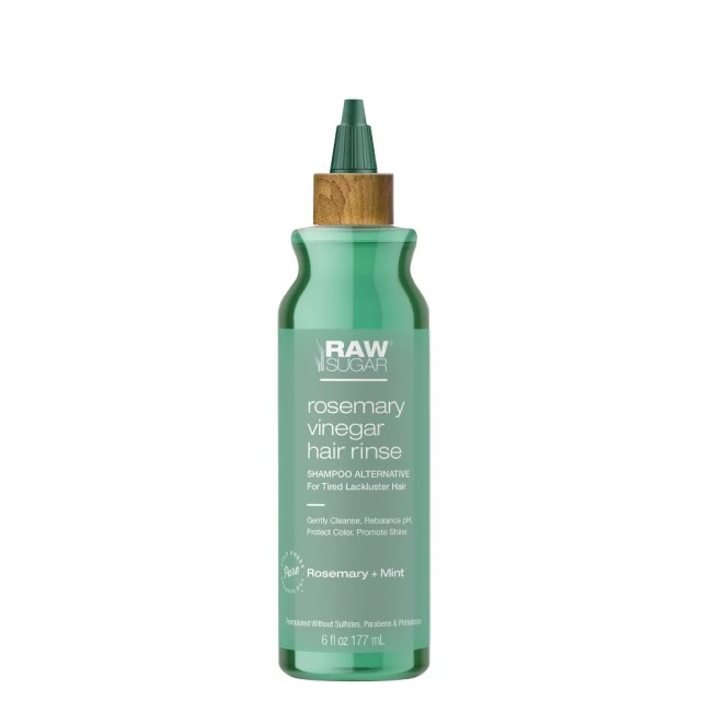 Raw Sugar Rosemary Vinegar Hair Rinse Shampoo Alternative in a green bottle.