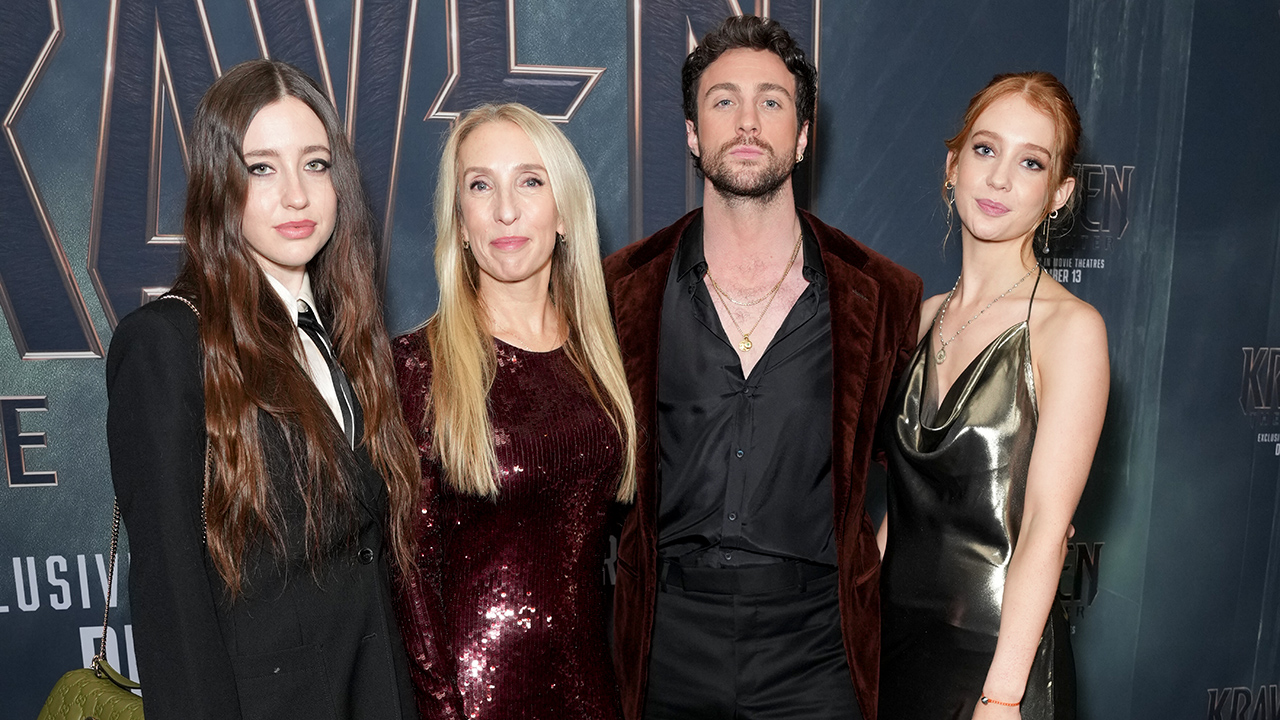 Angelica Jopling, Sam Taylor-Johnson, Aaron Taylor-Johnson, Jessie Phoenix Jopling at the "Kraven the Hunter" world premiere at AMC Lincoln Square on December 10, 2024 in New York, New York.