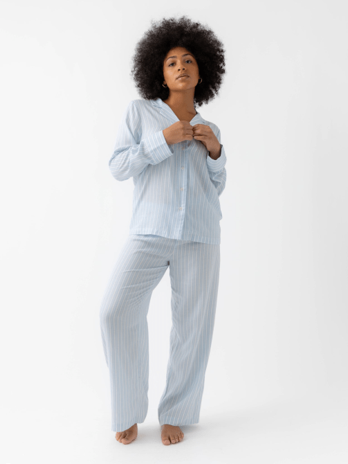 Cozy Earth Soft Woven Long Sleeve Pajama Set in light blue and white stripe