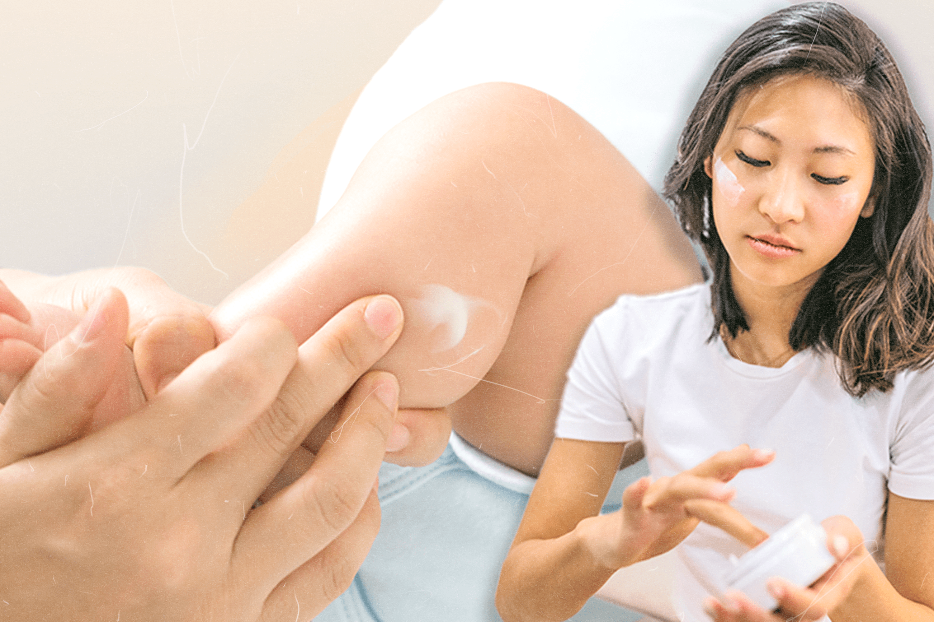 A model applying moisturizer next to a mother putting diaper rash cream on a baby.