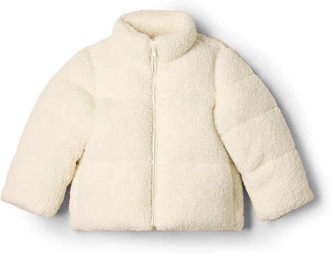 A cream teddy puffer jacket for kids from the Sofia Grainge x Amazon Essentials collection