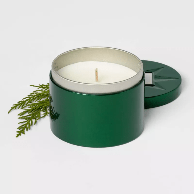 Threshold Lidded Metal Tin Candle Forest Fir in a green tin