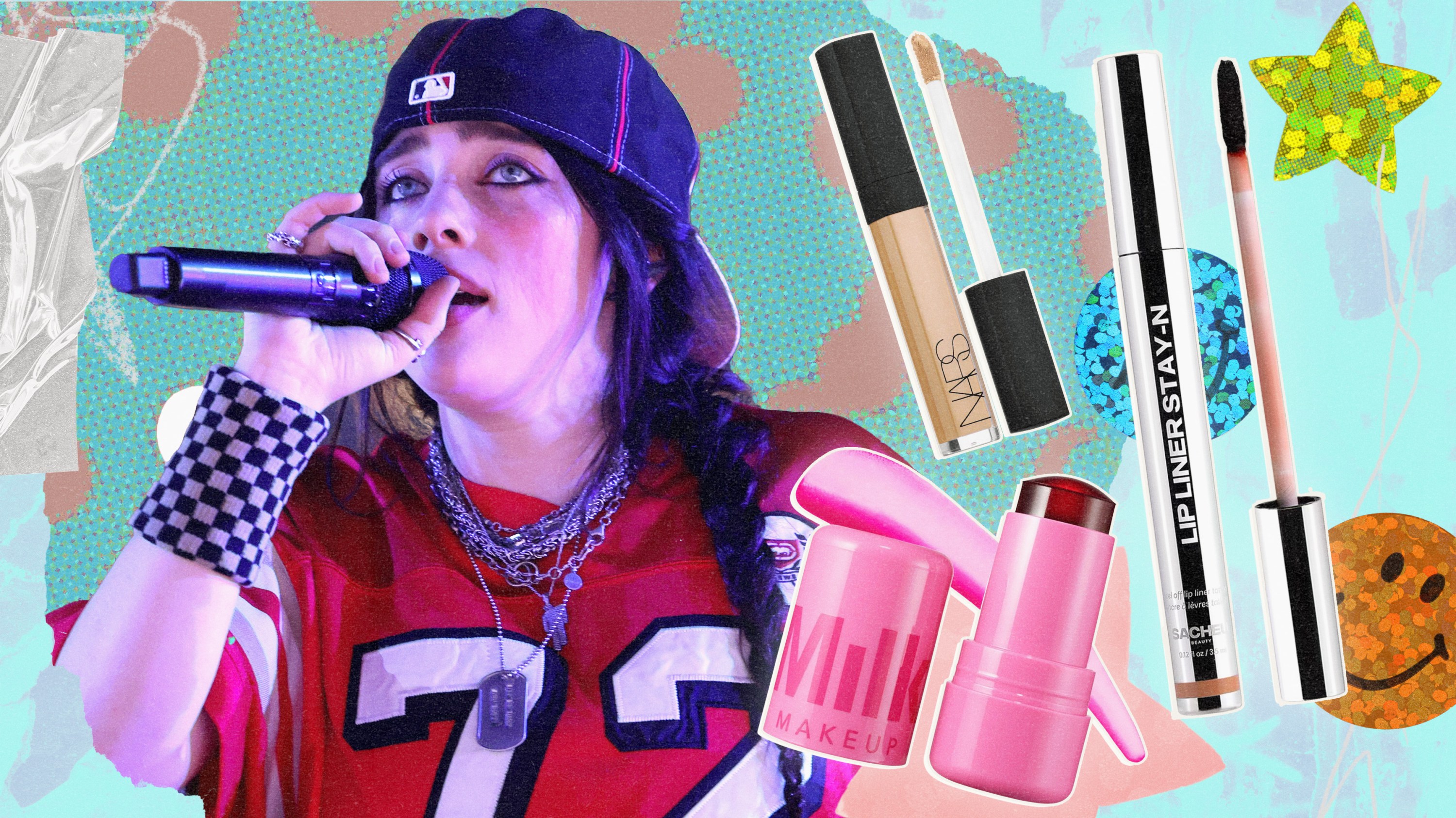 Billie Eilish next to Nars, Milk Makeup, and Sacheu products she uses.