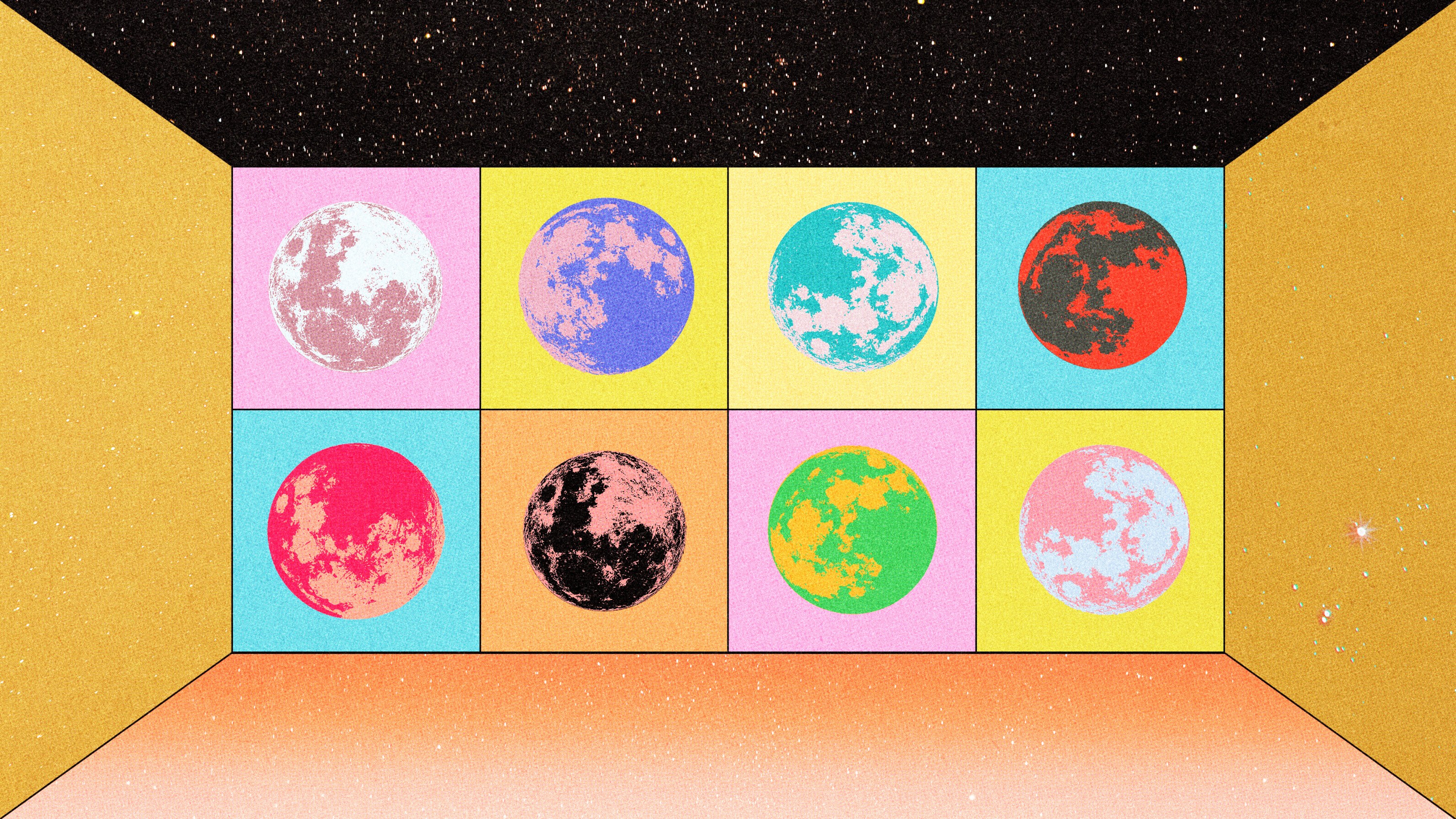 A series of pop art-inspired full moons over a cubic background in outer space