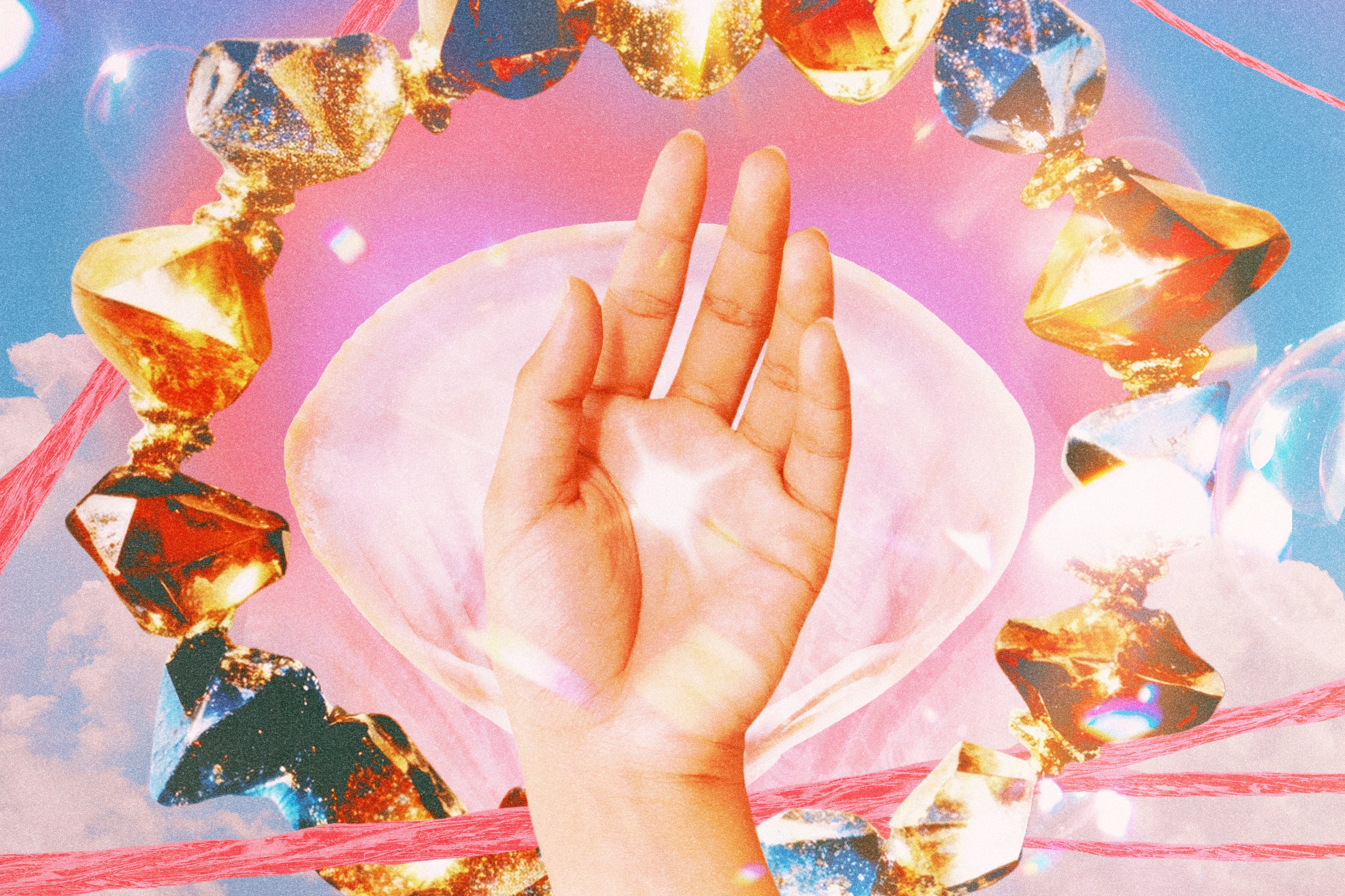 A hand rising over a blue sky background, surrounded by sparkling gems and bubbles