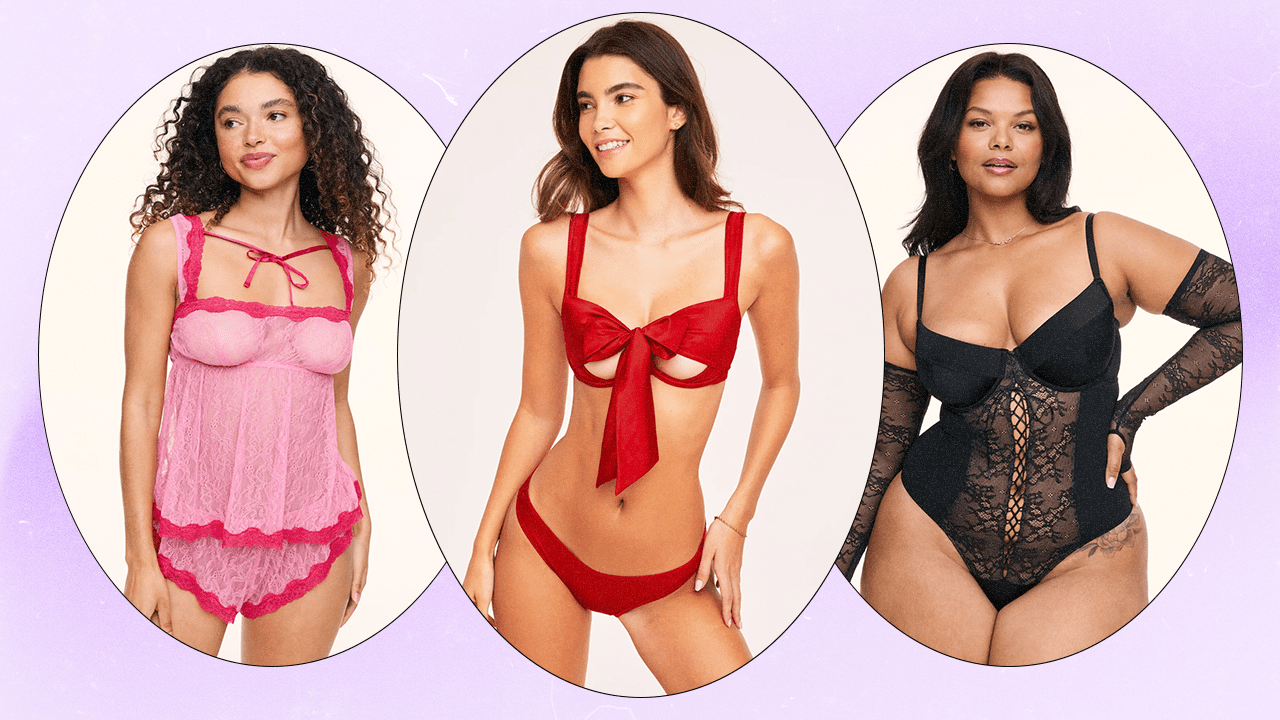 Three models wearing Adore Me Valentine's Day lingerie (a pink lace cami and shorts, red satin bow bra and panty set, and a black lace bodysuit with matching gloves).