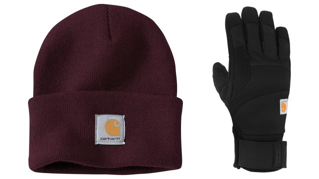 A Carhartt beanie next to a Carhartt glove.