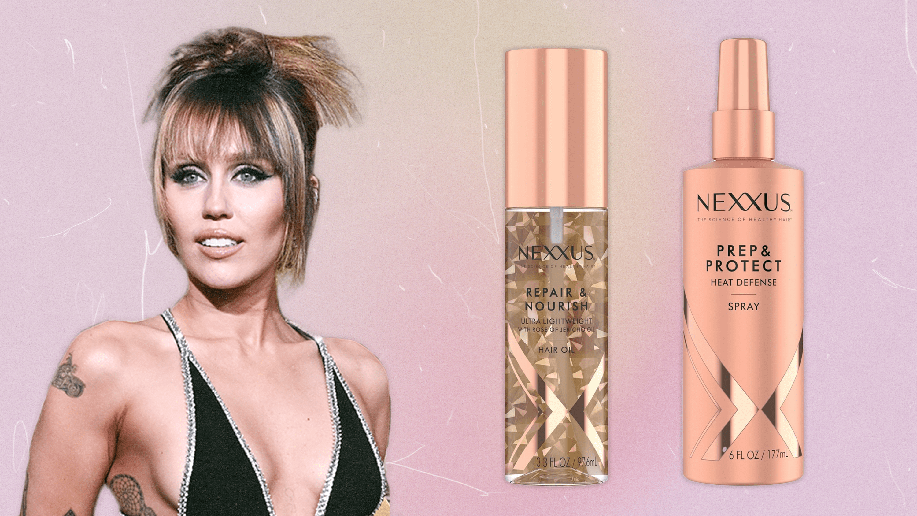 Miley Cyrus at the 2025 Golden Globes next to Nexxus hair products.